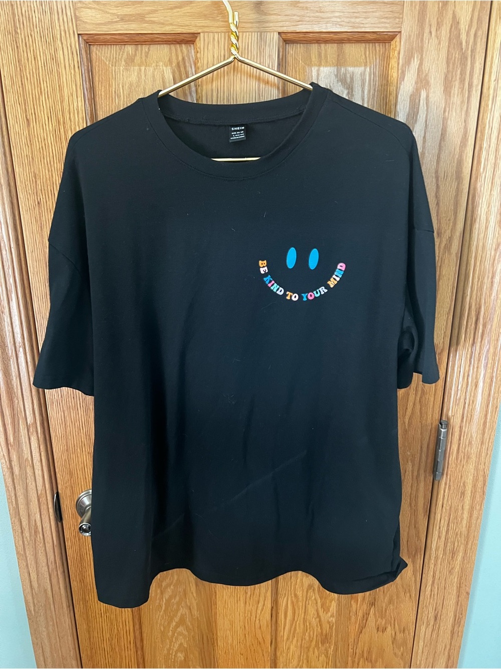 SHEIN Black Short Sleeve Tee with Multicolor Smiley Graphic